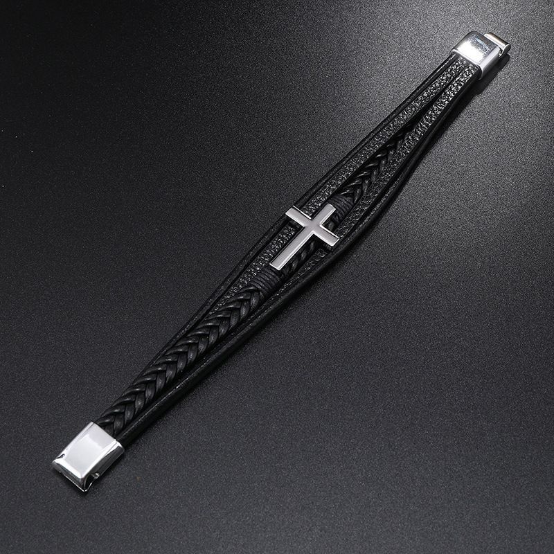 Black Braided Leather Cross Bracelet